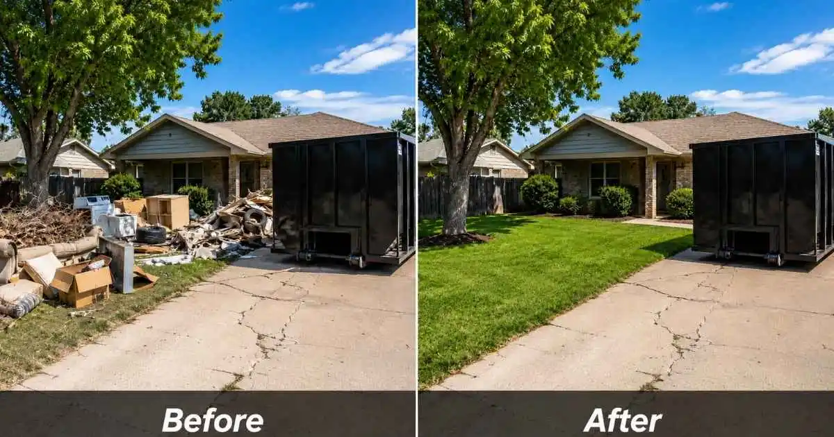 Before and after yard cleanup — dumpster rental Lawton, OK project