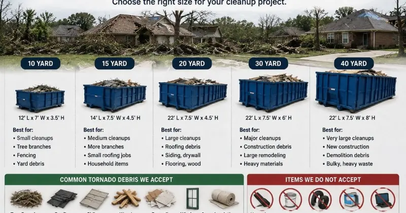 Dumpster size options for tornado debris cleanup in Lawton with storm debris and accepted materials