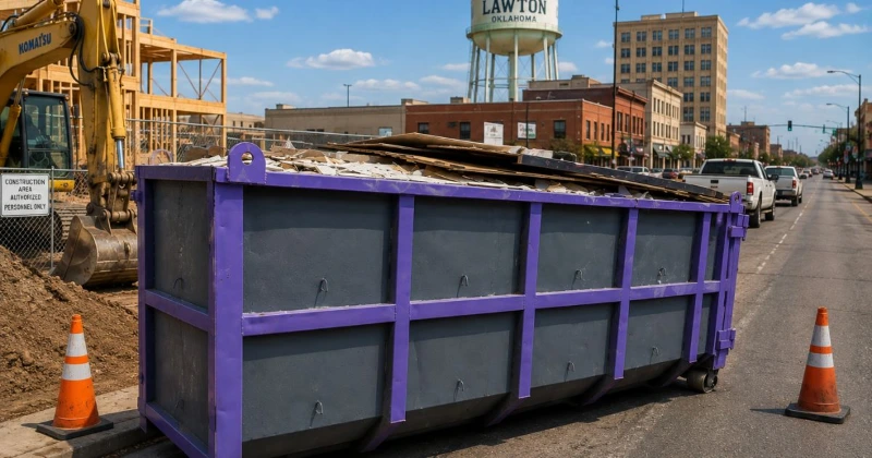 Construction dumpster rental delivered to a job site in downtown Lawton, OK