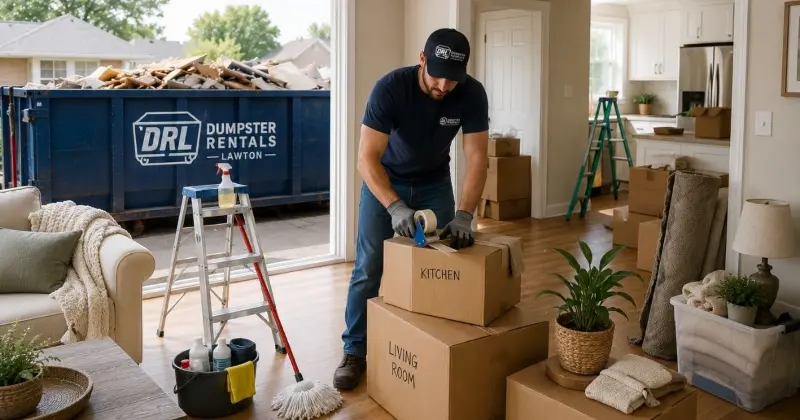Home cleanout preparation in Lawton with worker packing boxes and dumpster