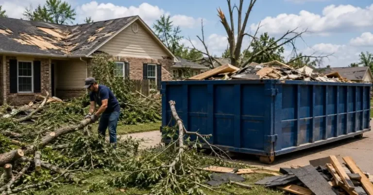 Tornado debris cleanup at a Lawton home with fallen tree branches and a dumpster