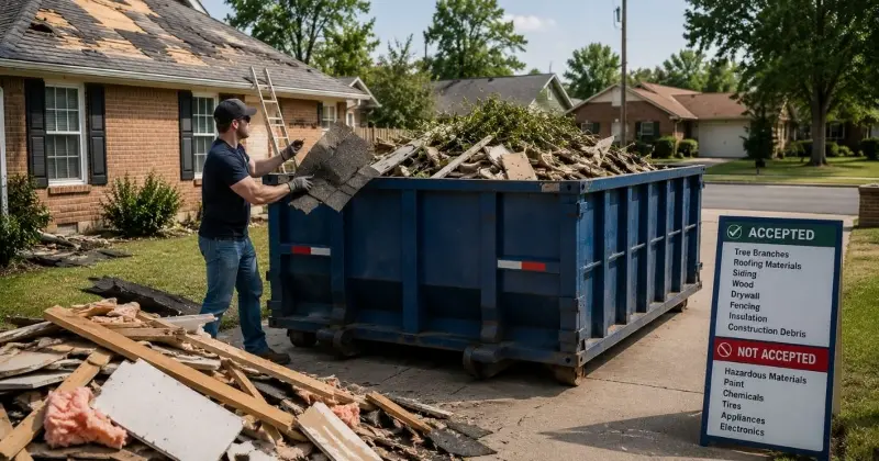 Worker loading roofing and construction debris into a dumpster after a tornado in Lawton