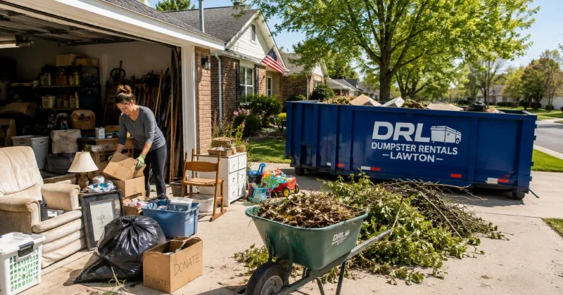 Garage and yard cleanup with dumpster in Lawton Oklahoma