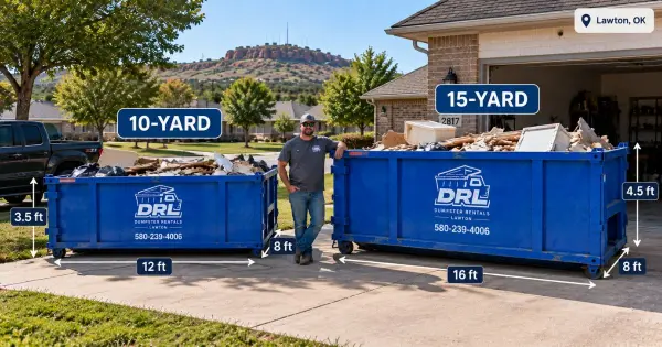 10-yard and 15-yard dumpsters compared by size and dimensions on a residential driveway in Lawton, Oklahoma