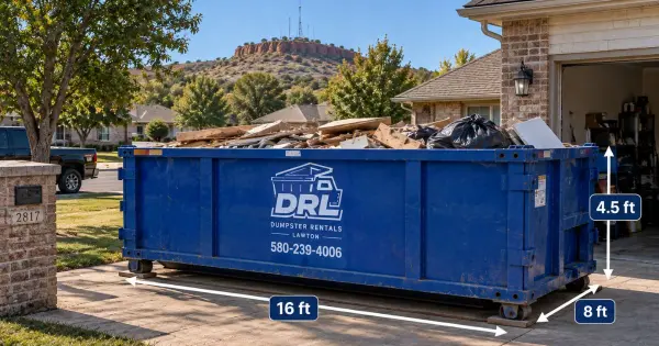 15 yard dumpster with 16-foot length, 8-foot width, and 4.5-foot height shown on a residential driveway in Lawton, Oklahoma