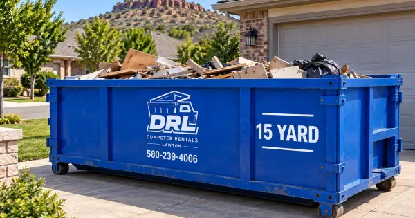 15-yard dumpster on a residential driveway in Lawton, OK