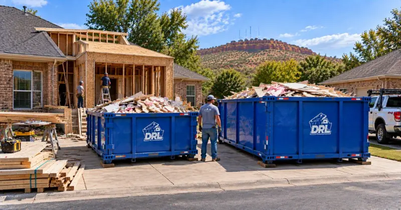 20-yard and 30-yard dumpsters compared during a home addition project with lumber, drywall, insulation, and construction debris in Lawton, Oklahoma