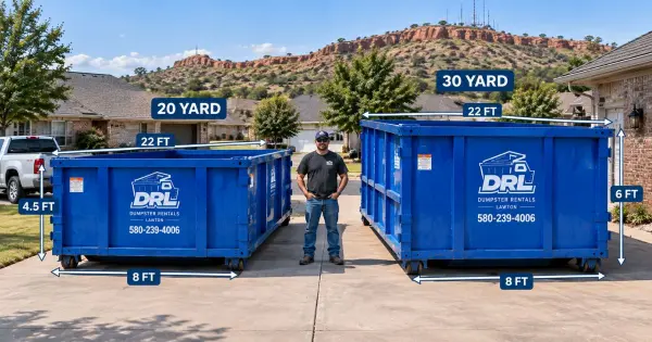 20-yard and 30 yard dumpsters compared side by side by height, length, and width in a Lawton, Oklahoma neighborhood