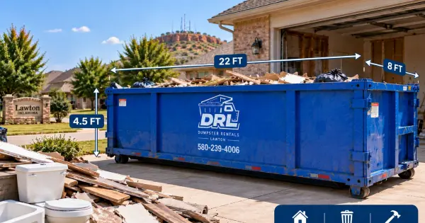 20 yard dumpster on a residential driveway during a home renovation cleanup in Lawton, Oklahoma