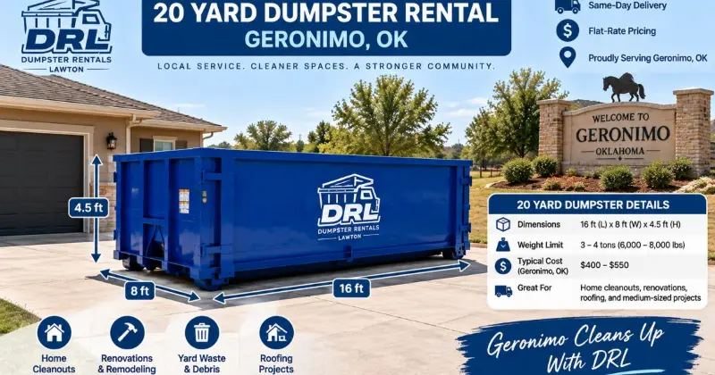 20-yard dumpster rental in Geronimo, Oklahoma for home cleanouts, renovations, roofing, and yard debris