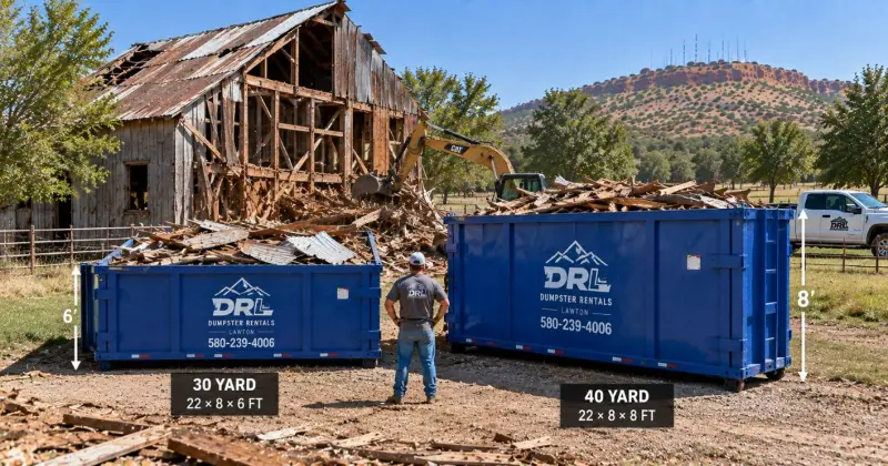 30-yard and 40-yard dumpsters compared for barn demolition debris with a worker and rural demolition site in Lawton, Oklahoma