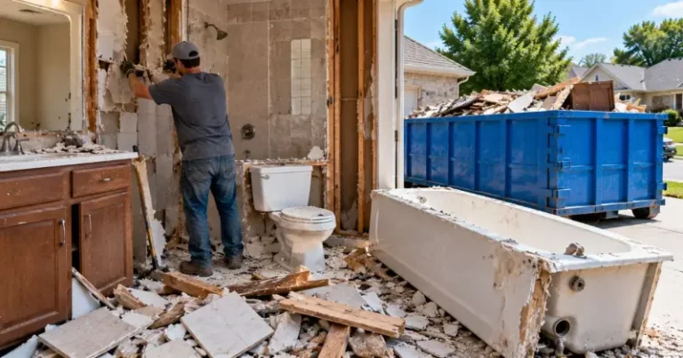 Bathroom renovation debris including tile, drywall, vanity, toilet, and bathtub near a dumpster