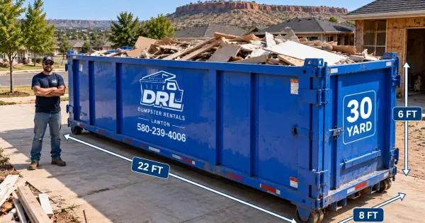 30-yard roll-off dumpster showing its 22-foot length, 8-foot width, 6-foot height, steel construction, and worker for scale in Lawton, Oklahoma