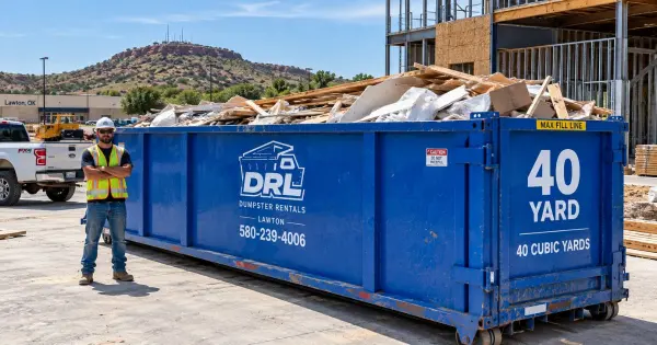 40 yard dumpster holding up to 40 cubic yards of debris at a construction site in Lawton, Oklahoma