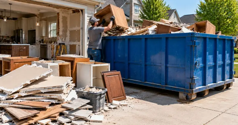 Bathroom renovation debris including tile, drywall, flooring, cabinets, toilet, and fixtures beside a roll-off dumpster