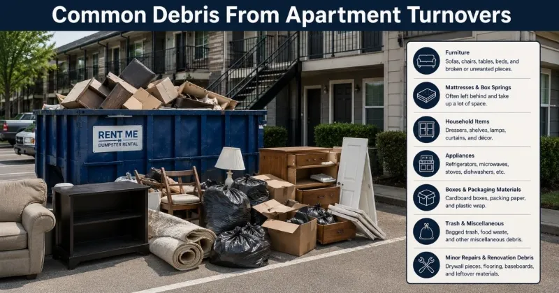 Common apartment turnover debris including furniture, mattresses, boxes, household items, and renovation waste near a dumpster