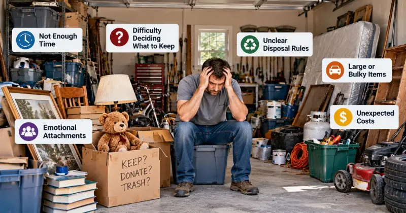 Common reasons a garage cleanout process stalls, including limited time, disposal rules, bulky items, emotional attachments, and unexpected costs