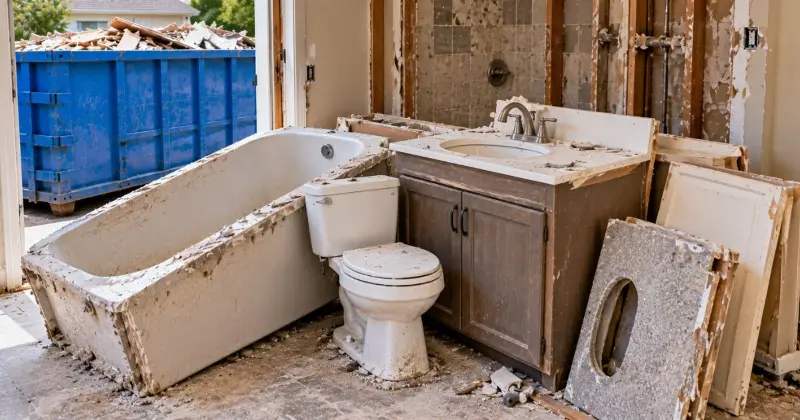 Old bathtub, toilet, vanity, countertop, and cabinets removed during bathroom renovation