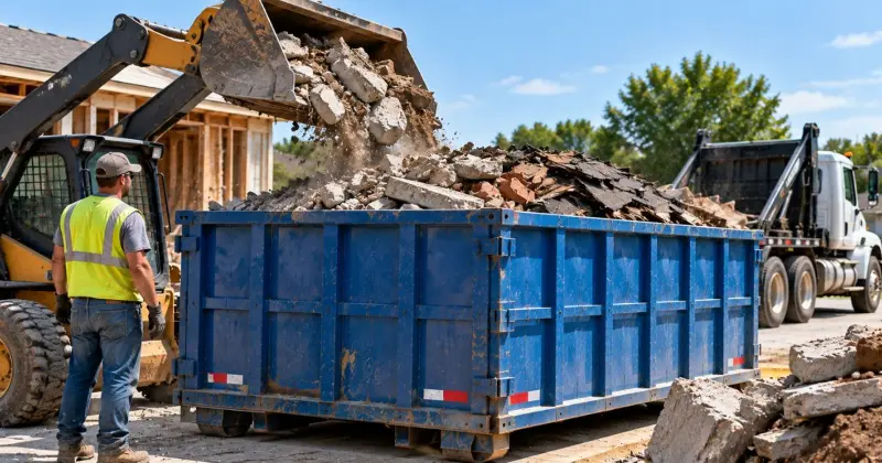 Heavy concrete, brick, dirt, and roofing debris being loaded into a roll-off dumpster