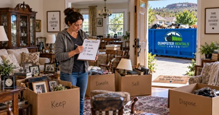 Estate cleanout checklist with a homeowner sorting belongings into keep, donate, sell, and dispose categories in Lawton