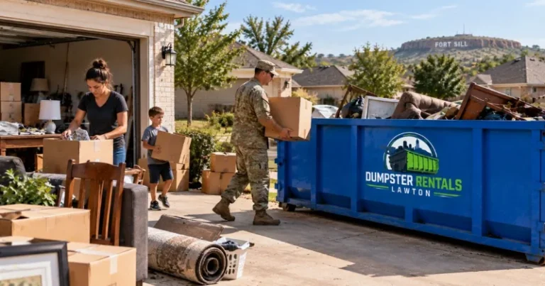 Fort Sill PCS move cleanout in Lawton with moving boxes, household furniture, and a roll-off dumpster