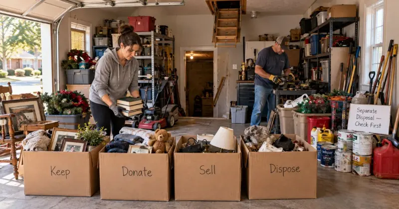 Garage estate cleanout with tools, storage boxes, holiday decorations, paint cans, and household items being sorted