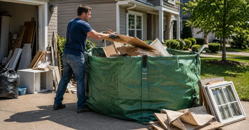 Man loading renovation debris into a Bagster-style disposal bag on a residential driveway