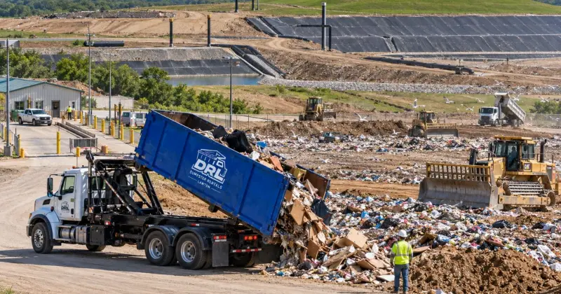 Modern landfill handling waste with compactors, lined cells, leachate ponds, gas collection systems, and covered landfill areas