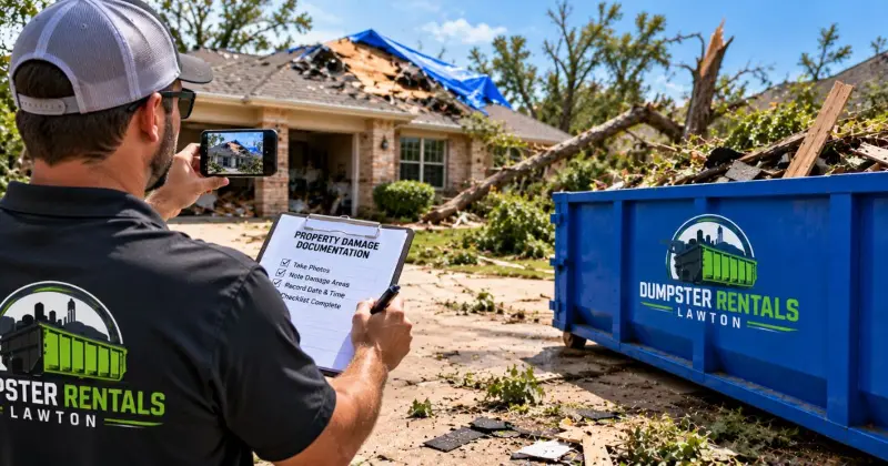Homeowner standing safely in the yard photographing storm damage with a smartphone