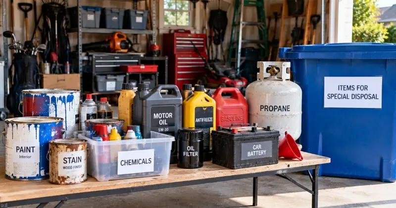 Garage cleanout with paint cans, batteries, automotive fluids, and other items needing separate disposal