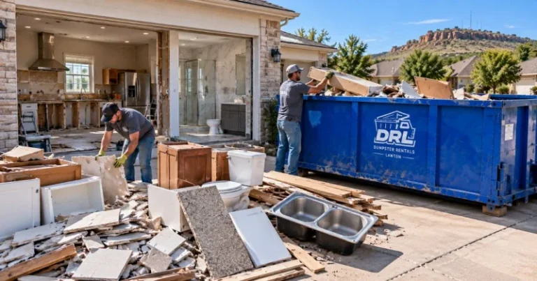 Kitchen bathroom remodel waste including tile, drywall, cabinets, wood, and fixtures being loaded into a roll-off dumpster in Lawton, Oklahoma
