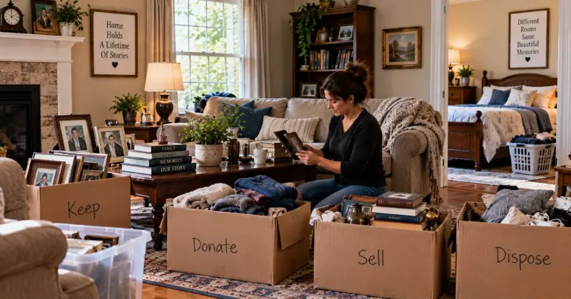 Kitchen estate cleanout with dishes, small appliances, pantry items, and household goods being sorted