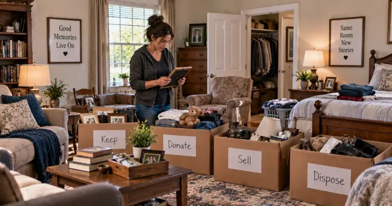 Living room and bedroom estate cleanout with furniture, family photos, clothing, books, and sorted household items