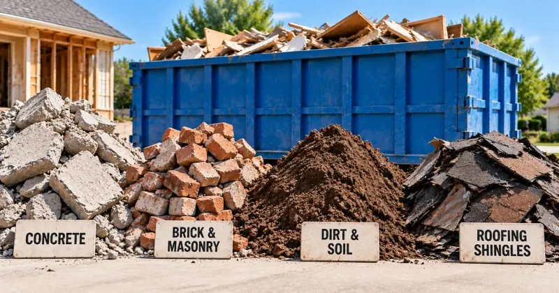 Concrete, brick, dirt, and roofing shingles that can quickly increase dumpster weight