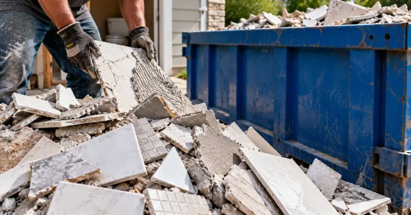 Broken bathroom tile and ceramic debris being loaded into a dumpster