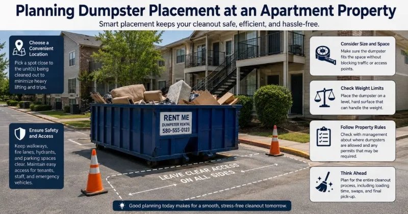 Dumpster placement at an apartment property with clear access for tenants, staff, and vehicles