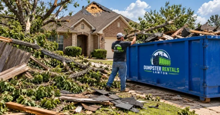 Post-storm debris removal in Lawton, OK with fallen tree branches, damaged fencing, and a roll-off dumpster