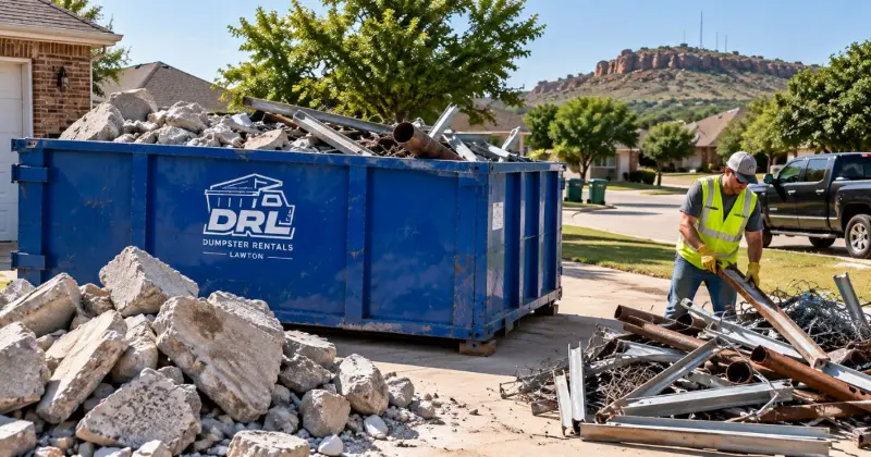 Recyclable metal and concrete from a cleanup project being sorted near a roll-off dumpster in Lawton, Oklahoma