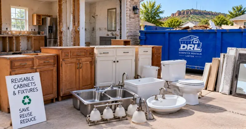 Reusable kitchen cabinets, bathroom fixtures, sinks, and vanities set aside for donation or reuse during a home remodel in Lawton, Oklahoma