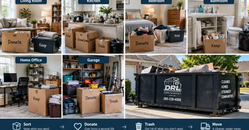 Room-by-room decluttering before a move with household items sorted into keep, donate, and trash categories