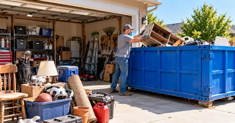Residential garage cleanout debris being loaded into a roll-off dumpster