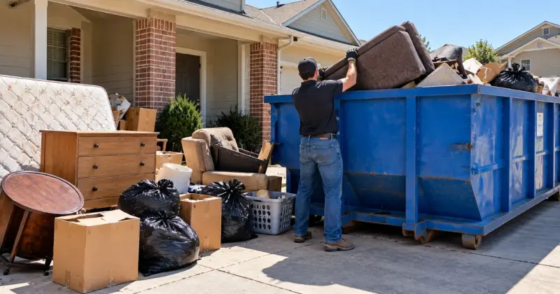 Landlord loading furniture and boxes into a single roll-off dumpster