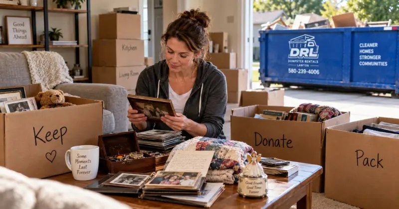 Homeowner sorting sentimental items, photos, keepsakes, and personal belongings into keep, donate, and pack boxes before moving