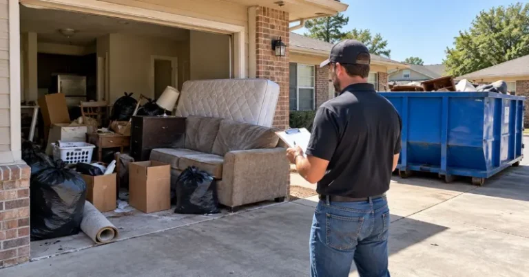 Landlord inspecting a rental property after tenant move-out junk Removal with abandoned furniture, boxes, bags, and a roll-off dumpster