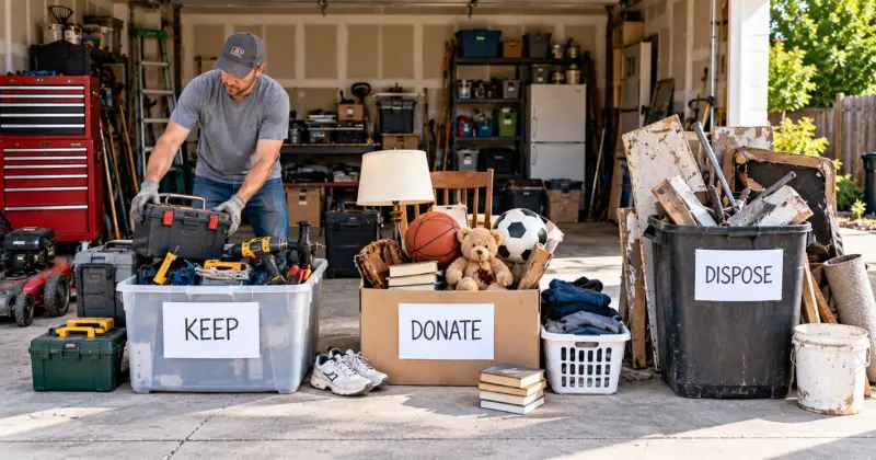 Homeowner sorting garage items into keep, donate, and dispose piles