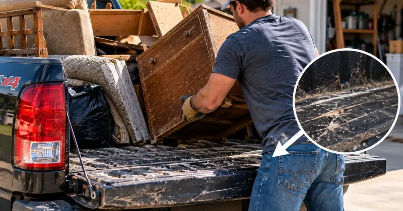 Pickup truck loaded with bulky furniture and debris during DIY junk removal, showing wear from hauling
