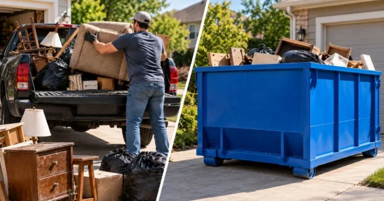 DIY junk removal compared with a dumpster rental in a residential driveway