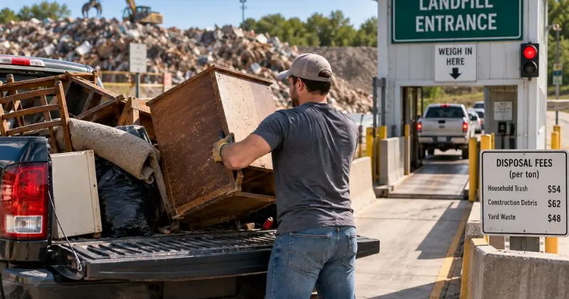 DIY junk removal at a landfill with a pickup truck loaded with furniture and household debris