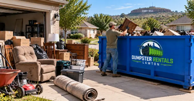 Household move-out cleanout in Lawton with furniture, boxes, yard equipment, and a roll-off dumpster