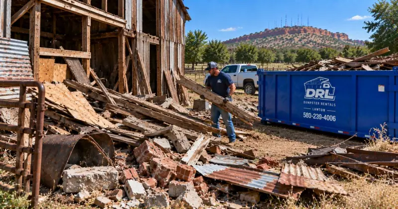 Old barn demolition debris including wood framing, plywood, brick, concrete, corrugated metal, and roofing materials in Lawton, Oklahoma
